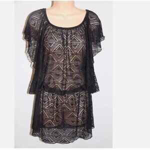 NWT Jessica Simpson Swimsuit Bikini Cover Up Tunic Dress Black Crochet
